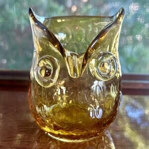 Vintage Amber Glass Owl Figurine Vase or Candle Holder – 4.5” Tall